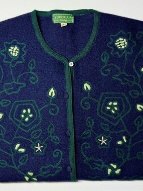 Equorian Heritage Women’s 100% Wool Cardigan Sweater Blue Floral Size L